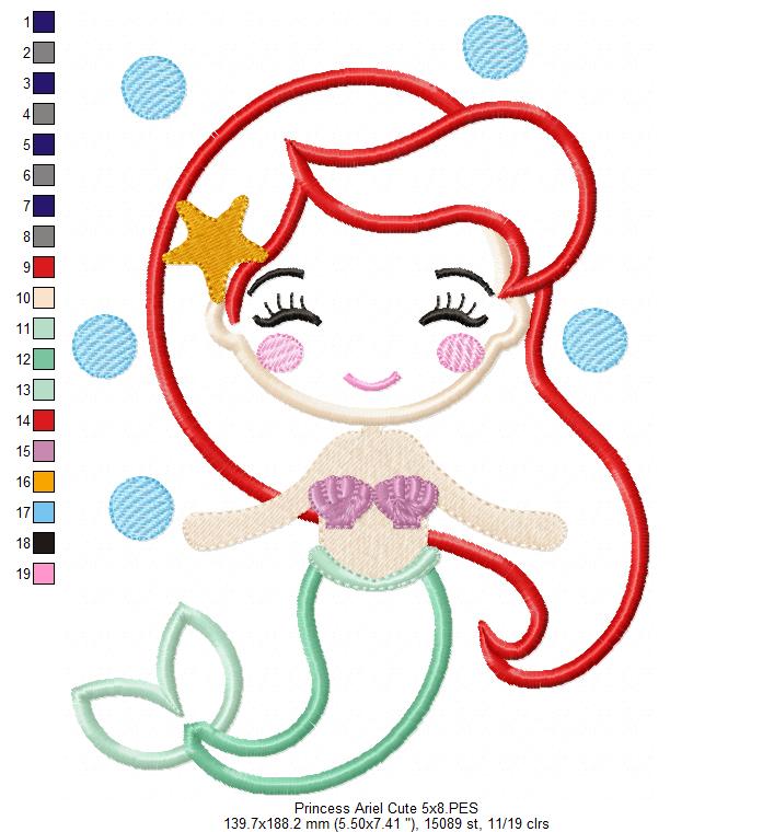 Princess Mermaid Ariel Cute - Applique Machine Embroidery Design