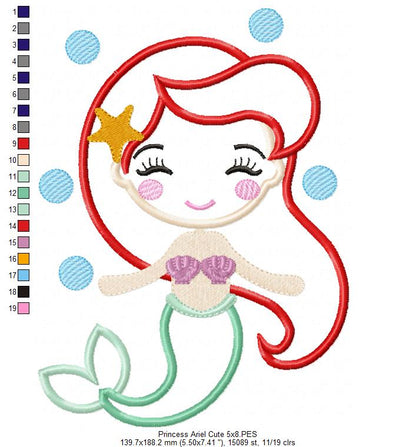 Princess Mermaid Ariel Cute - Applique Machine Embroidery Design