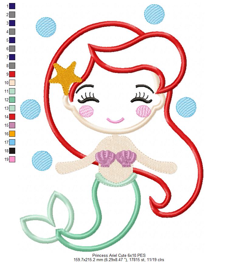 Princess Mermaid Ariel Cute - Applique Machine Embroidery Design