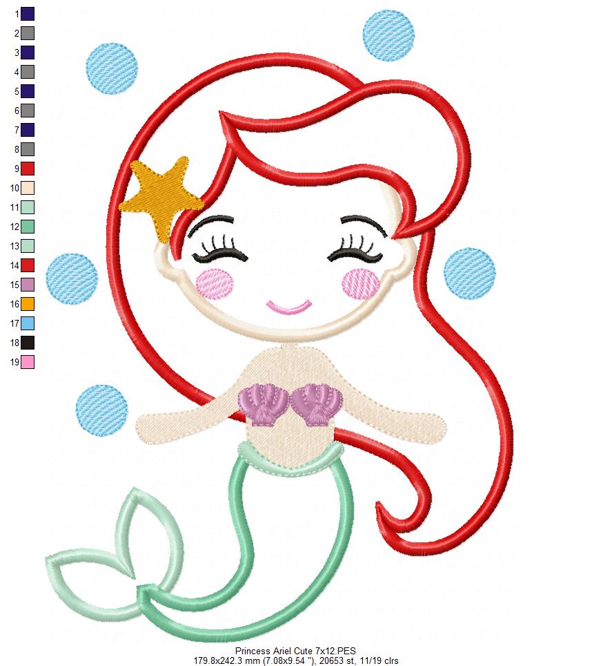 Princess Mermaid Ariel Cute - Applique Machine Embroidery Design