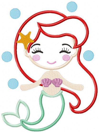 Princess Mermaid Ariel Cute - Applique Machine Embroidery Design