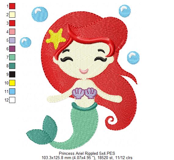 Princess Mermaid Ariel and Border - Fill Stitch Embroidery