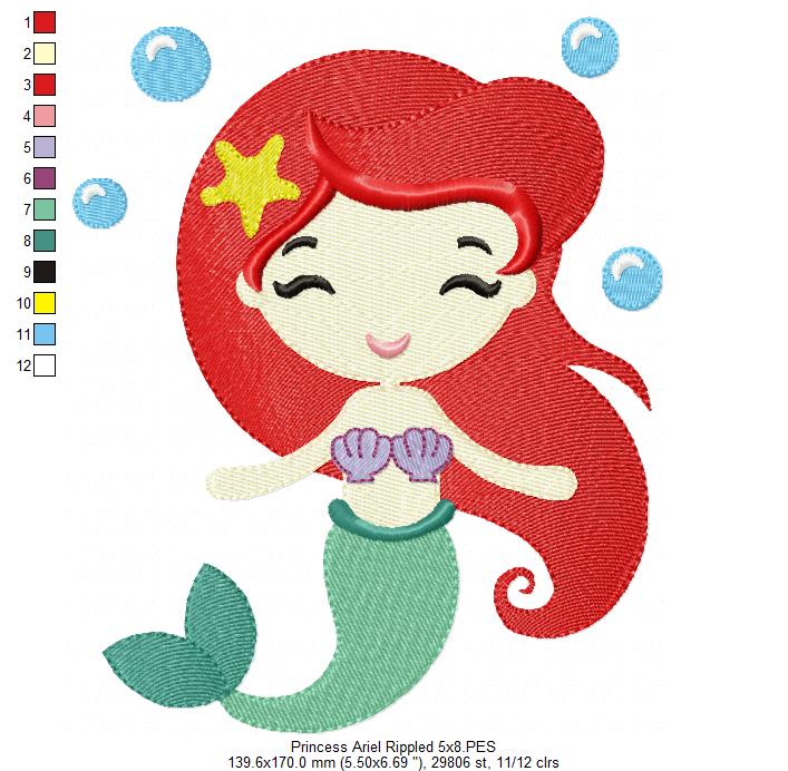 Princess Mermaid Ariel and Border - Fill Stitch Embroidery
