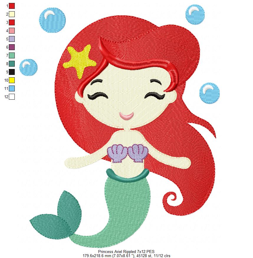 Princess Mermaid Ariel and Border - Fill Stitch Embroidery