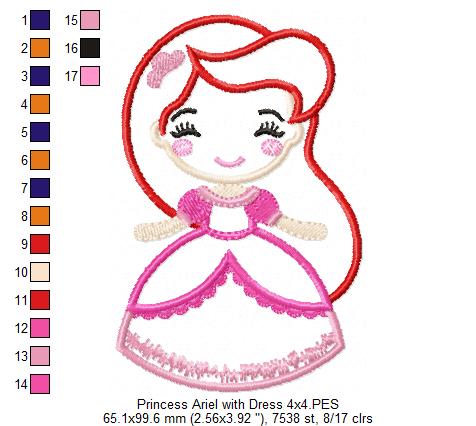 Princess Mermaid Ariel with Dress Cute - Applique - Machine Embroidery Design