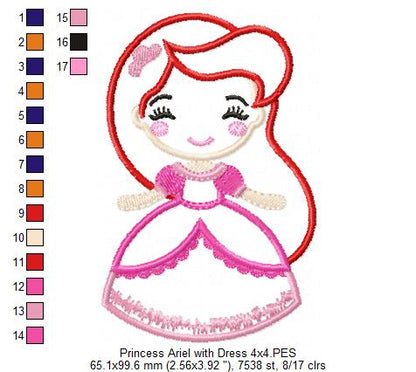 Princess Mermaid Ariel with Dress Cute - Applique - Machine Embroidery Design