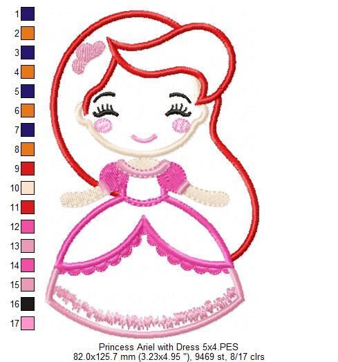 Princess Mermaid Ariel with Dress Cute - Applique - Machine Embroidery Design