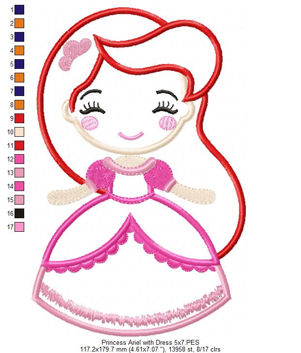 Princess Mermaid Ariel with Dress Cute - Applique - Machine Embroidery Design