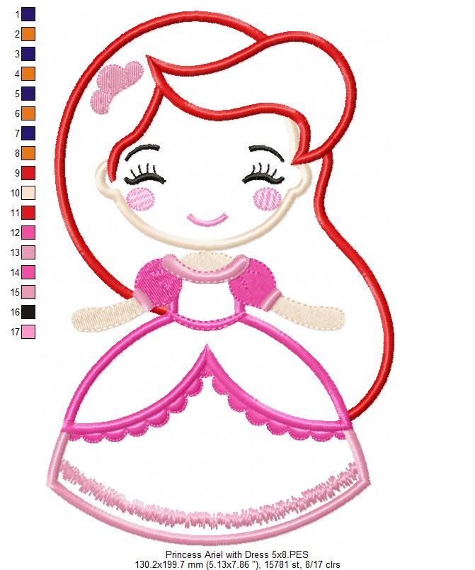 Princess Mermaid Ariel with Dress Cute - Applique - Machine Embroidery Design