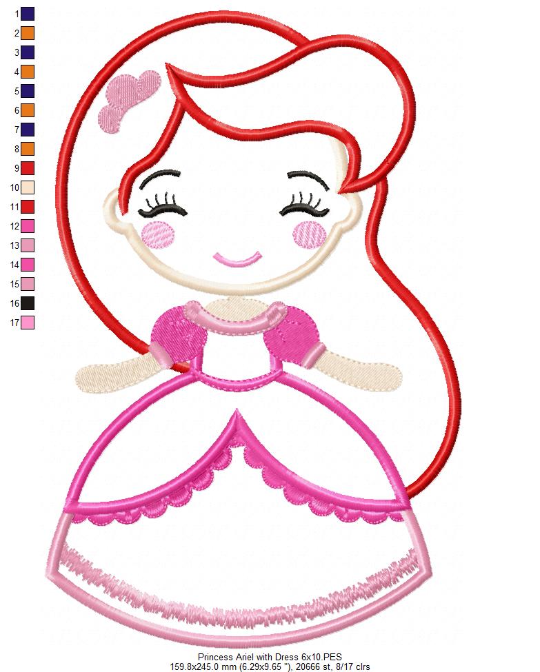 Princess Mermaid Ariel with Dress Cute - Applique - Machine Embroidery Design