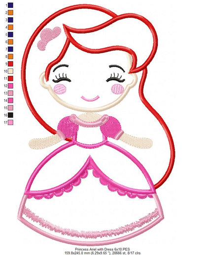 Princess Mermaid Ariel with Dress Cute - Applique - Machine Embroidery Design