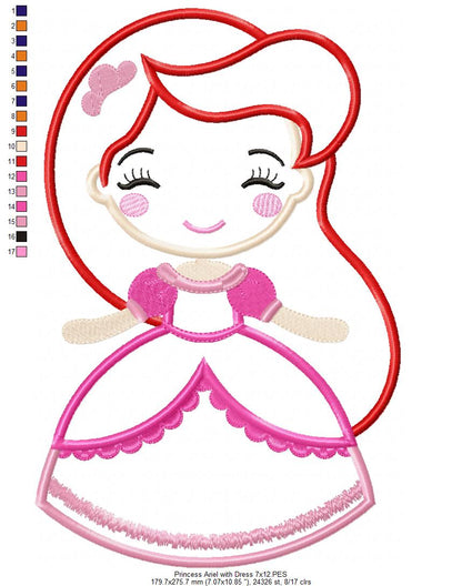 Princess Mermaid Ariel with Dress Cute - Applique - Machine Embroidery Design