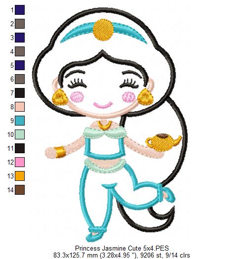 Princess Jasmine Cute - Applique - Machine Embroidery Design