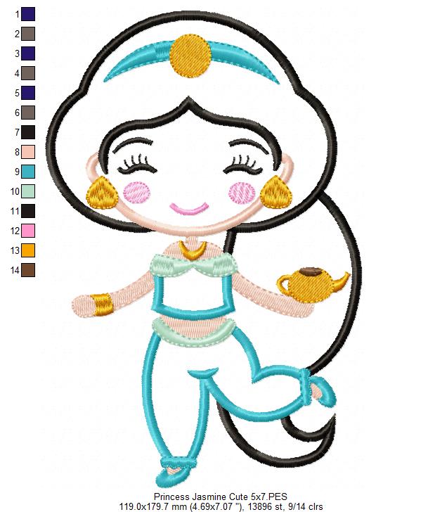 Princess Jasmine Cute - Applique - Machine Embroidery Design