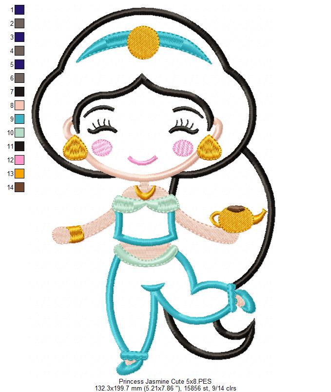 Princess Jasmine Cute - Applique - Machine Embroidery Design