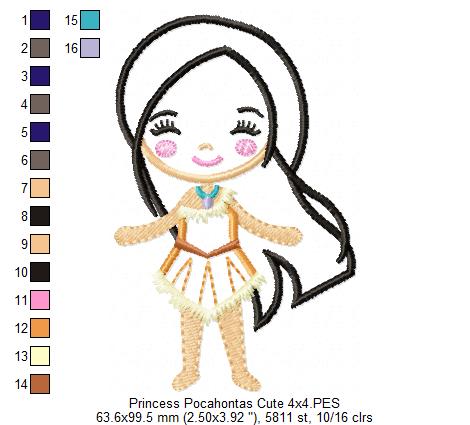 Princess Pocahontas Cute - Applique - Machine Embroidery Design