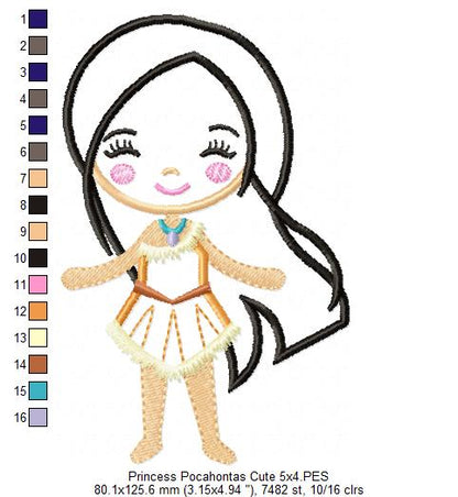 Princess Pocahontas Cute - Applique - Machine Embroidery Design