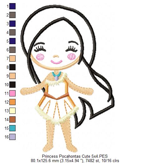 Princess Pocahontas Cute - Applique - Machine Embroidery Design