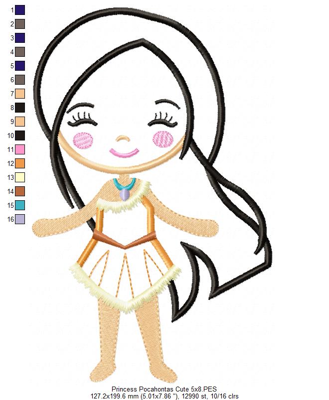 Princess Pocahontas Cute - Applique - Machine Embroidery Design