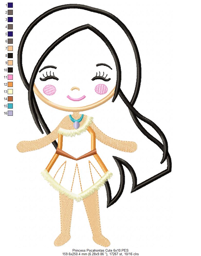 Princess Pocahontas Cute - Applique - Machine Embroidery Design