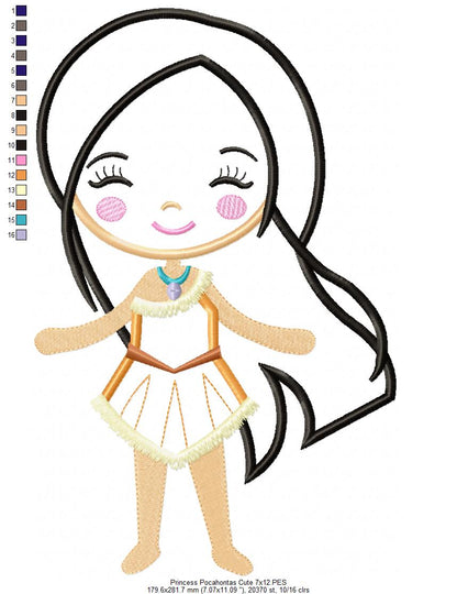 Princess Pocahontas Cute - Applique - Machine Embroidery Design