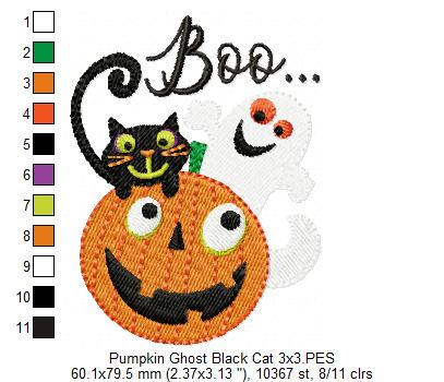Halloween Boo Pumpkin, Black Cat and Ghost - Fill Stitch