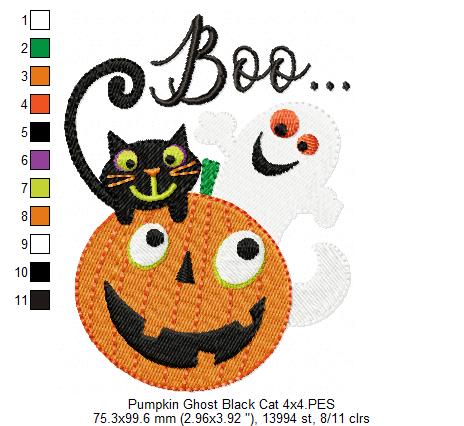Halloween Boo Pumpkin, Black Cat and Ghost - Fill Stitch