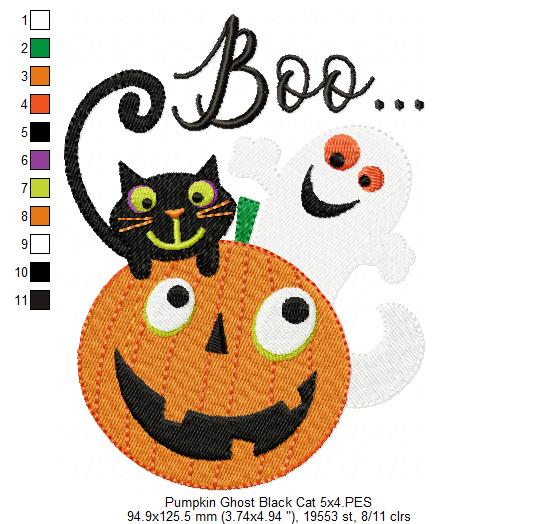 Halloween Boo Pumpkin, Black Cat and Ghost - Fill Stitch