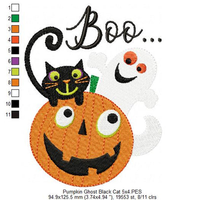 Halloween Boo Pumpkin, Black Cat and Ghost - Fill Stitch