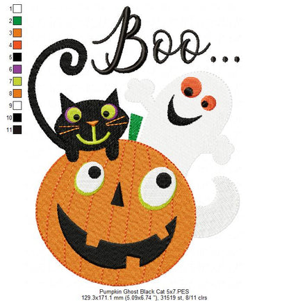 Halloween Boo Pumpkin, Black Cat and Ghost - Fill Stitch