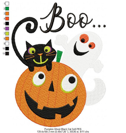 Halloween Boo Pumpkin, Black Cat and Ghost - Fill Stitch