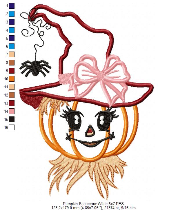 Halloween Witch Pumpkin Scarecrow - Applique - Machine Embroidery Design