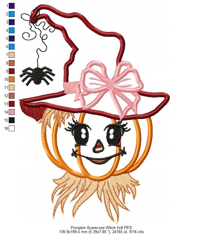 Halloween Witch Pumpkin Scarecrow - Applique Embroidery