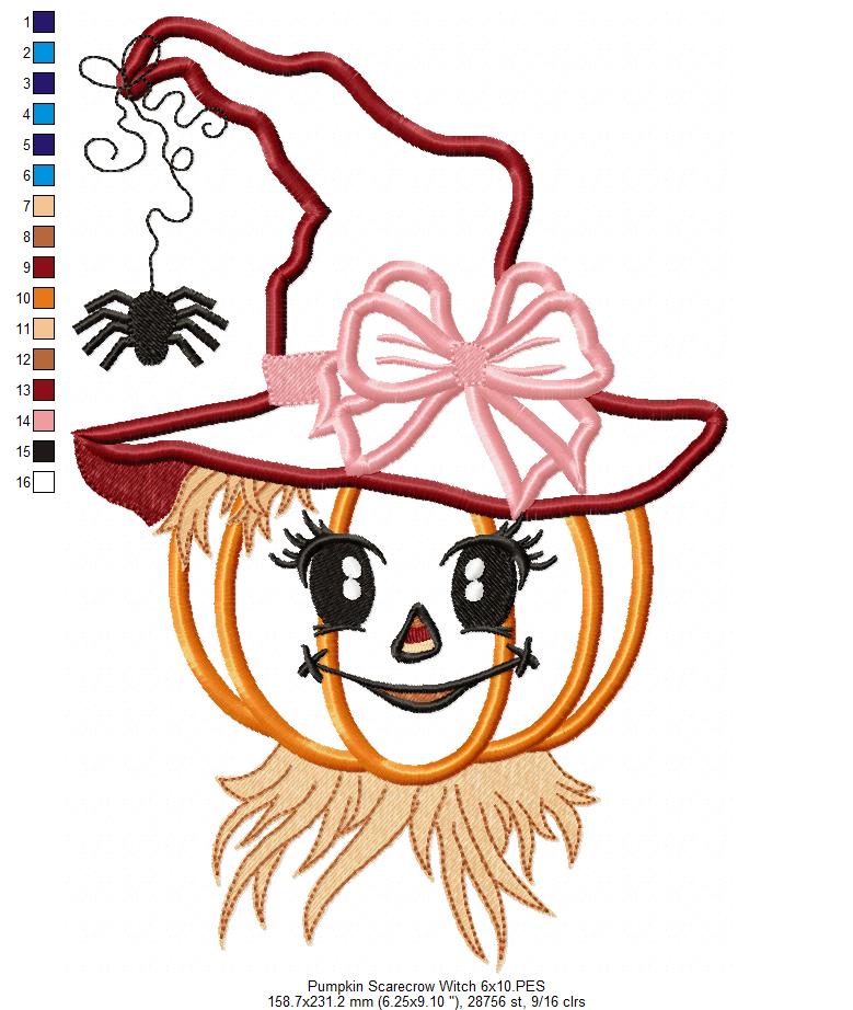 Halloween Witch Pumpkin Scarecrow - Applique - Machine Embroidery Design