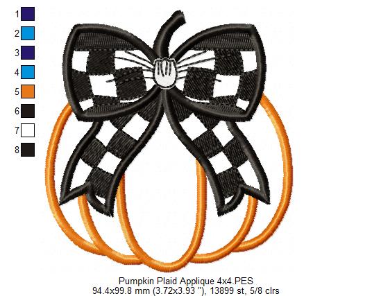 Pumpkin with Plaid Bow - Applique - Machine Embroidery Design