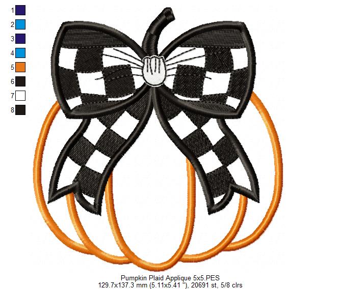 Pumpkin with Plaid Bow - Applique - Machine Embroidery Design