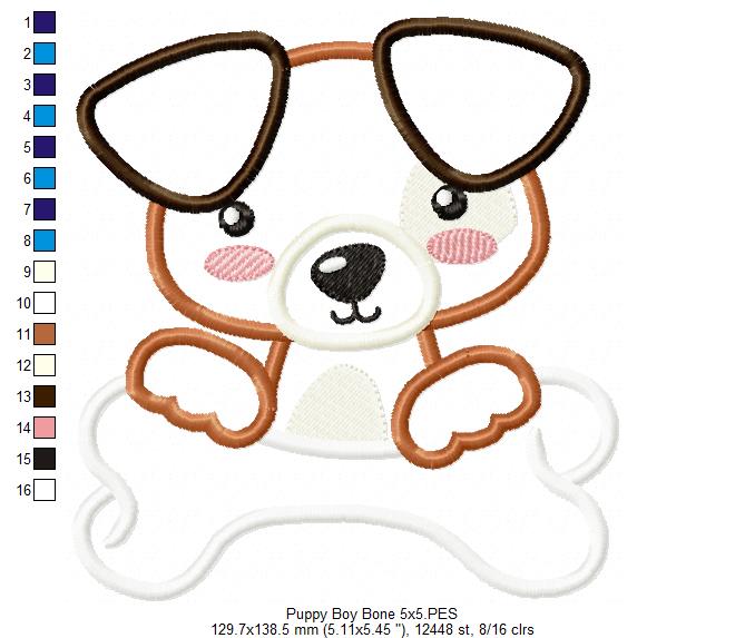 Puppy Boy with a Bone - Applique - Machine Embroidery Design