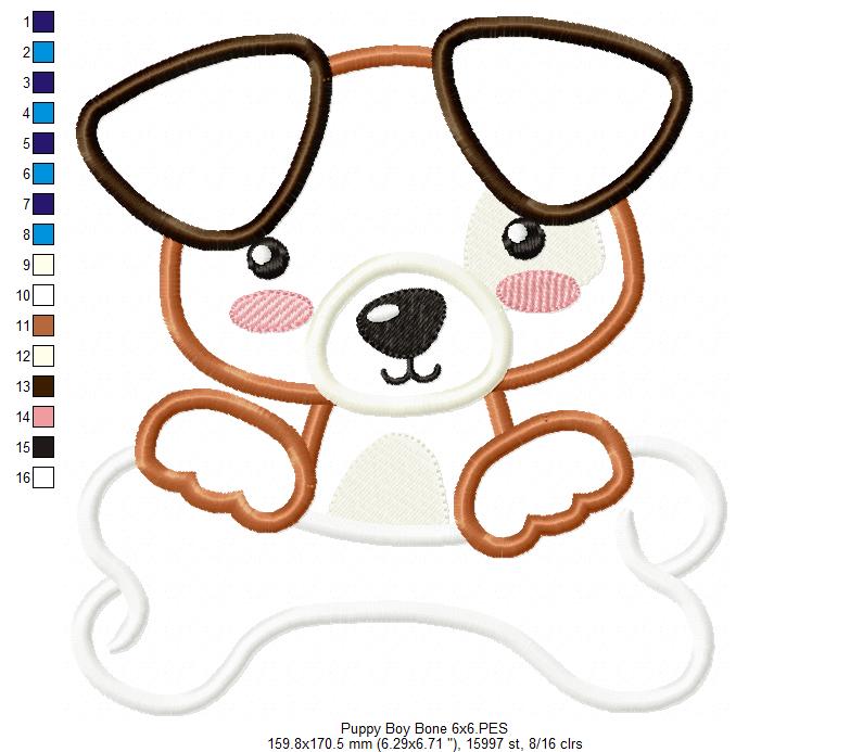 Puppy Boy with a Bone - Applique - Machine Embroidery Design