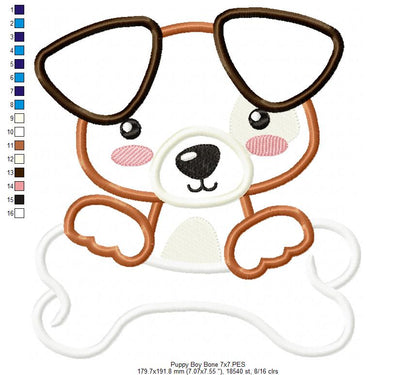 Puppy Boy with a Bone - Applique - Machine Embroidery Design