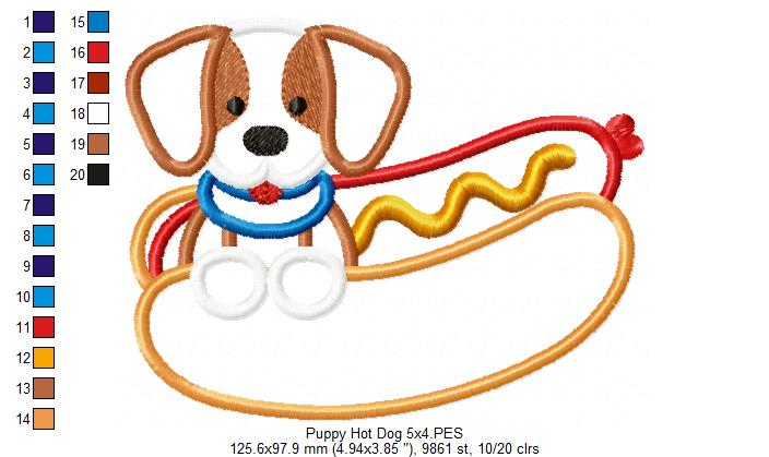 Puppy with Hot Dog - Applique - Machine Embroidery Design