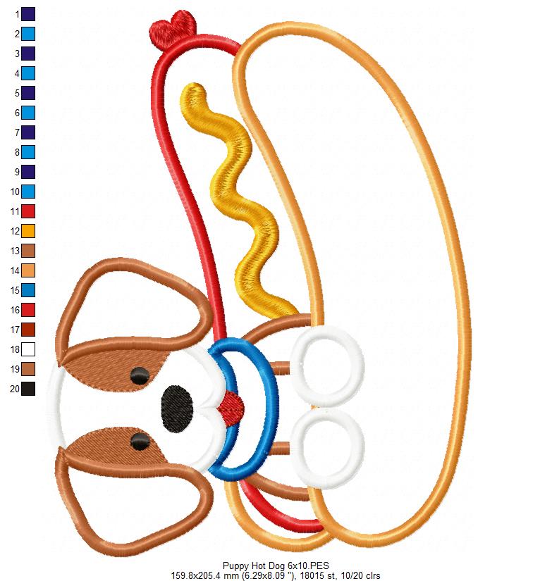 Puppy with Hot Dog - Applique - Machine Embroidery Design