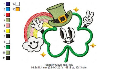 Happy Shamrock Clover and Rainbow - Applique - Machine Embroidery Design