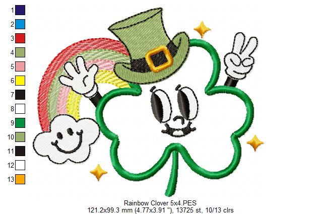 Happy Shamrock Clover and Rainbow - Applique - Machine Embroidery Design