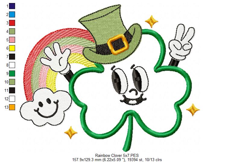 Happy Shamrock Clover and Rainbow - Applique - Machine Embroidery Design