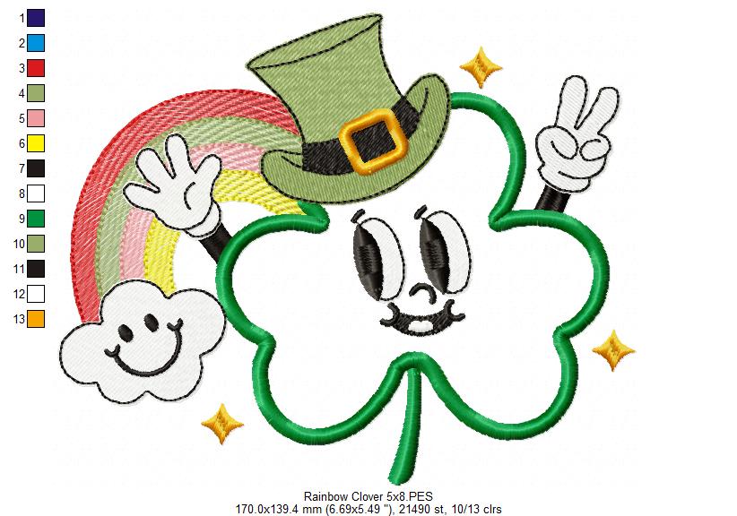 Happy Shamrock Clover and Rainbow - Applique - Machine Embroidery Design