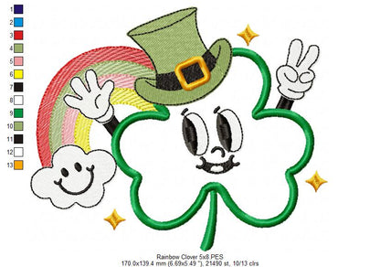 Happy Shamrock Clover and Rainbow - Applique - Machine Embroidery Design