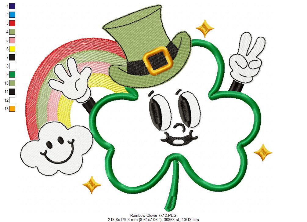 Happy Shamrock Clover and Rainbow - Applique - Machine Embroidery Design