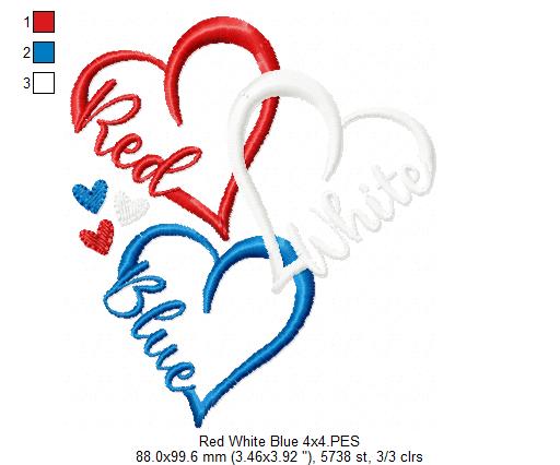 ❤️🤍💙 Red White Blue Hearts – Satin Stitch – Machine Embroidery Design
