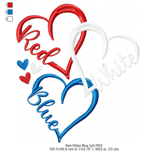 ❤️🤍💙 Red White Blue Hearts – Satin Stitch – Machine Embroidery Design