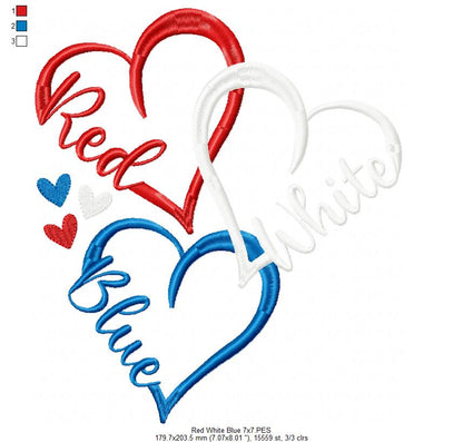 ❤️🤍💙 Red White Blue Hearts – Satin Stitch – Machine Embroidery Design